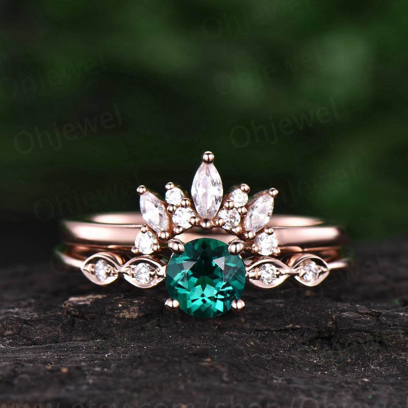 Emerald bridal set 2pcs emerald engagement ring set emerald rings for women rose gold maruqise moissanite ring wedding band emerald jewelry