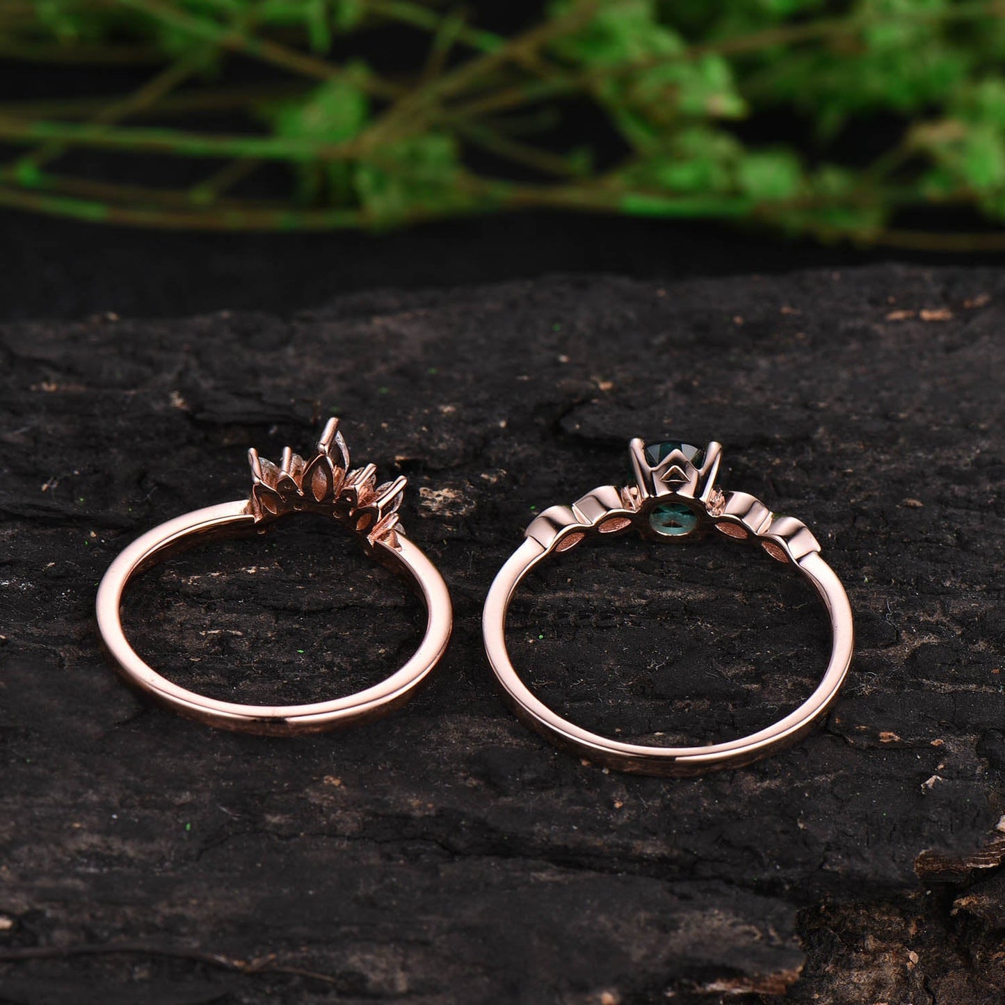Emerald bridal set 2pcs emerald engagement ring set emerald rings for women rose gold maruqise moissanite ring wedding band emerald jewelry