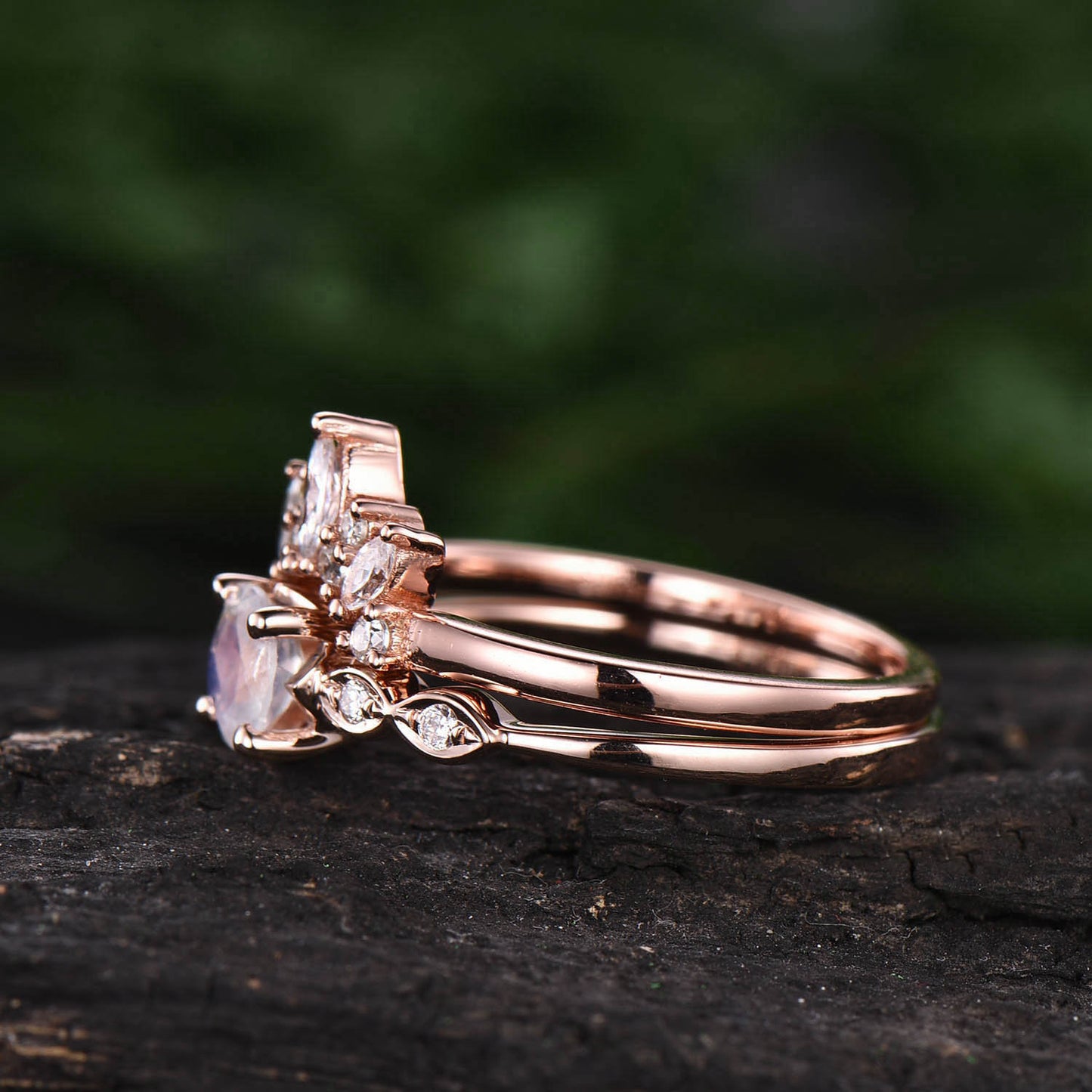 Vintage moonstone engagement ring set natural moonstone ring for women rose gold June birthstone ring marquise moissanite ring bridal set