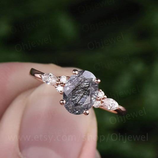 Oval black rutilated quartz engagement ring solid rose gold marquise moissanite ring for women art deco unique ring bridal anniversary gift