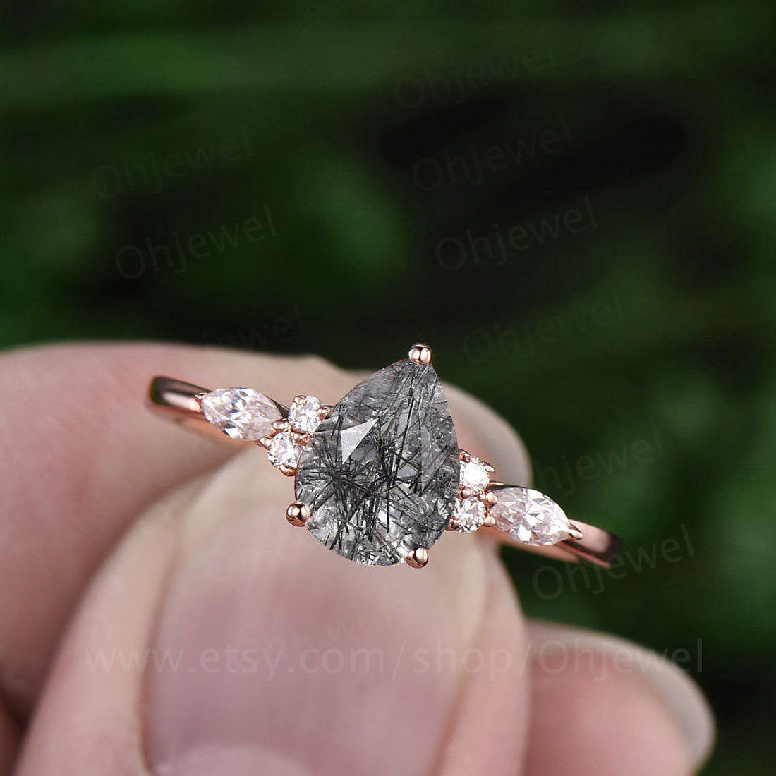 Pear black rutilated quartz engagement ring for women vintage marquise moissanite ring rose gold black stone ring anniversary wedding ring