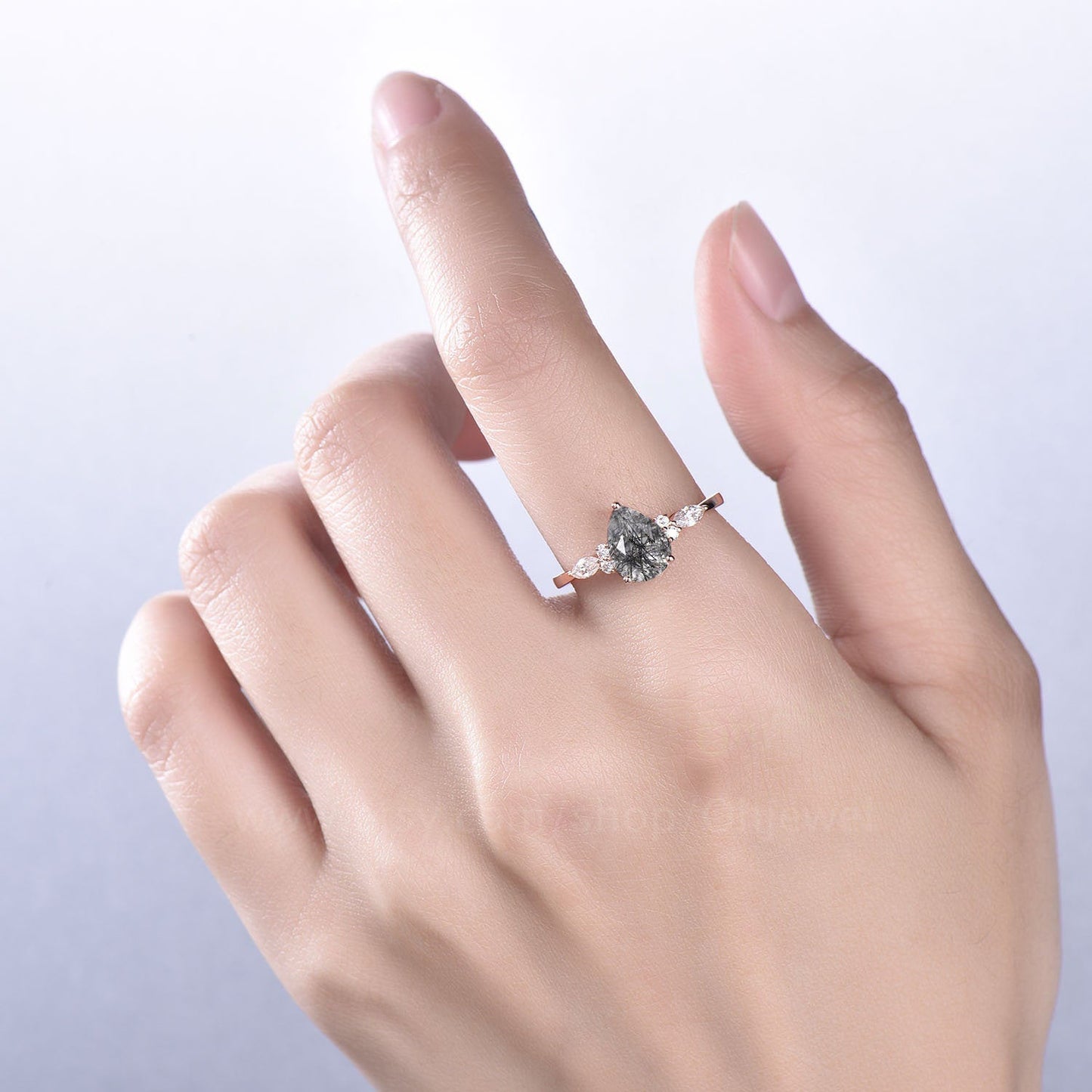 Pear black rutilated quartz engagement ring for women vintage marquise moissanite ring rose gold black stone ring anniversary wedding ring