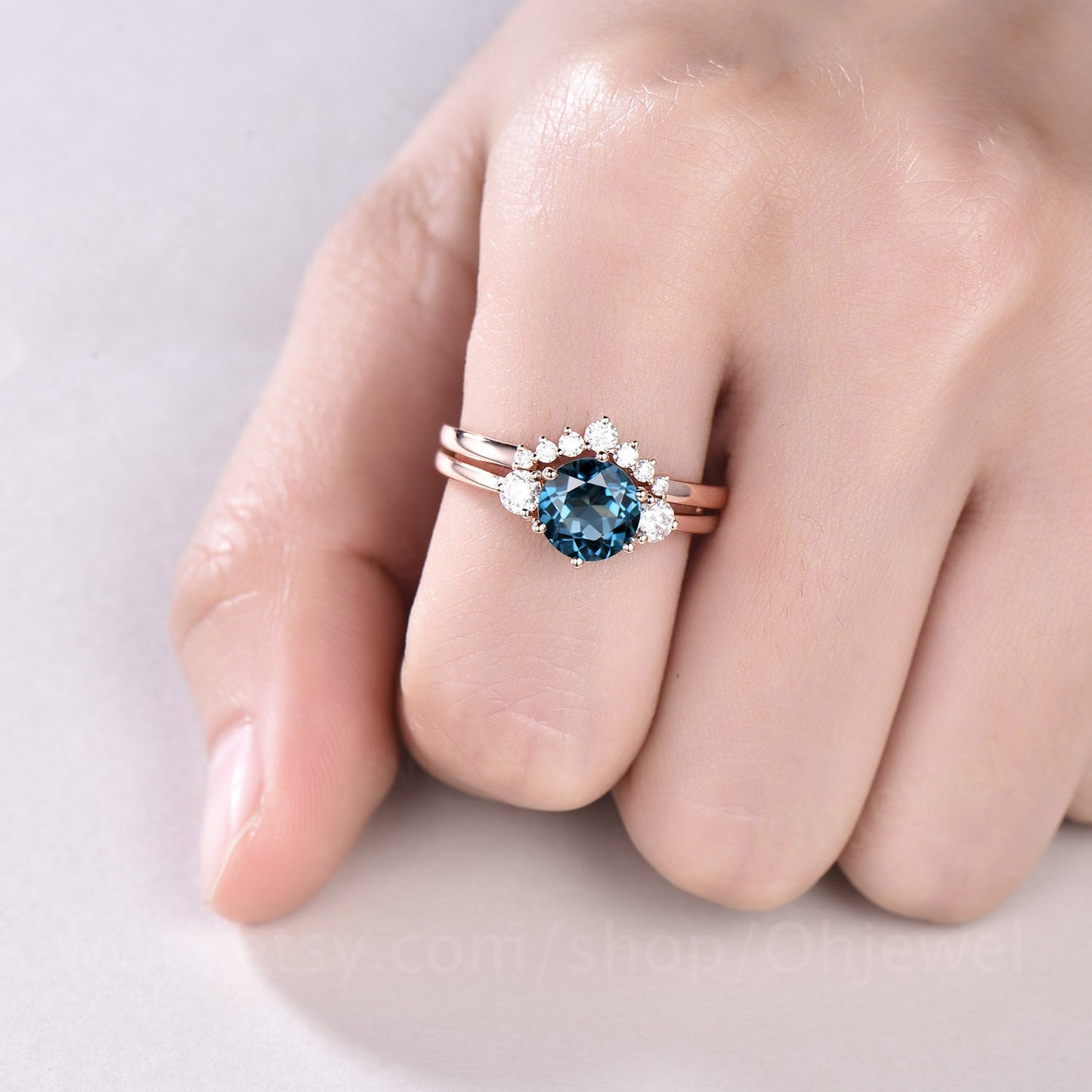 Three stone London blue topaz engagement ring set rose gold topaz ring vintage November birthstone moissanite wedding bridal ring set women