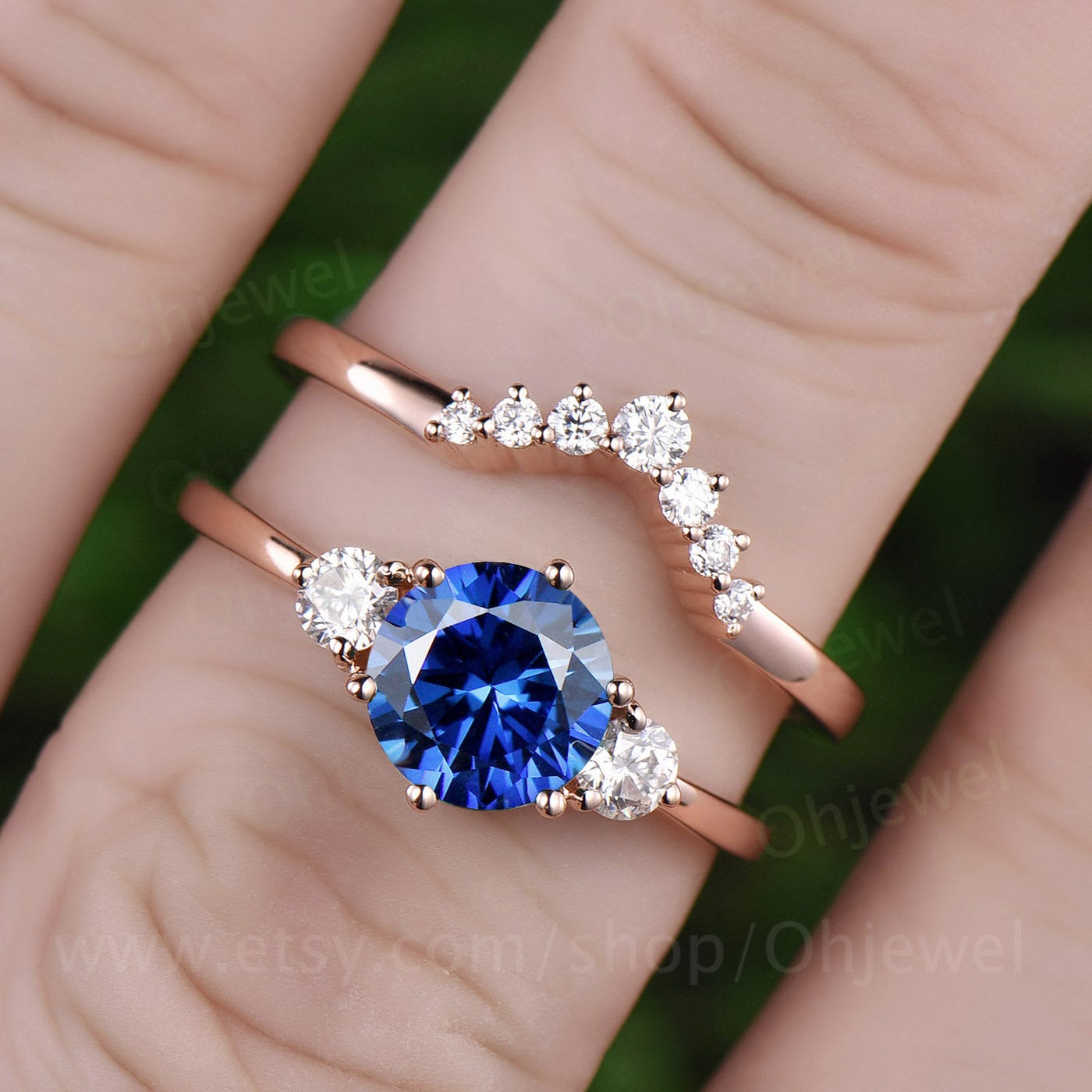 Vintage unique three stone engagement ring 2pcs sapphire engagement ring white gold V crown moissanite ring set birthday wedding bridal gift