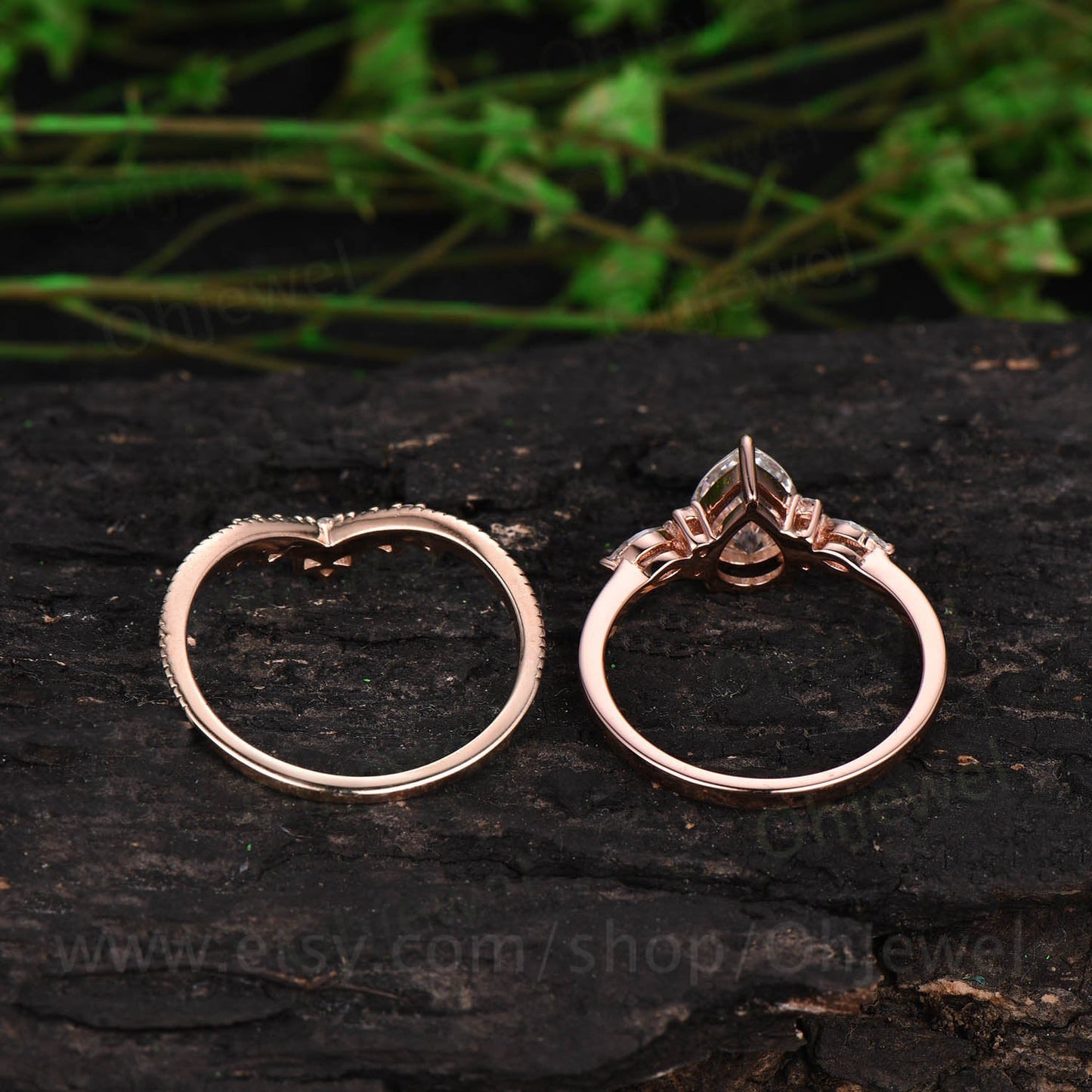 Vintage black rutilated quartz engagement ring set unique bridal set marquise moissanite ring for women black stone ring wedding set gift