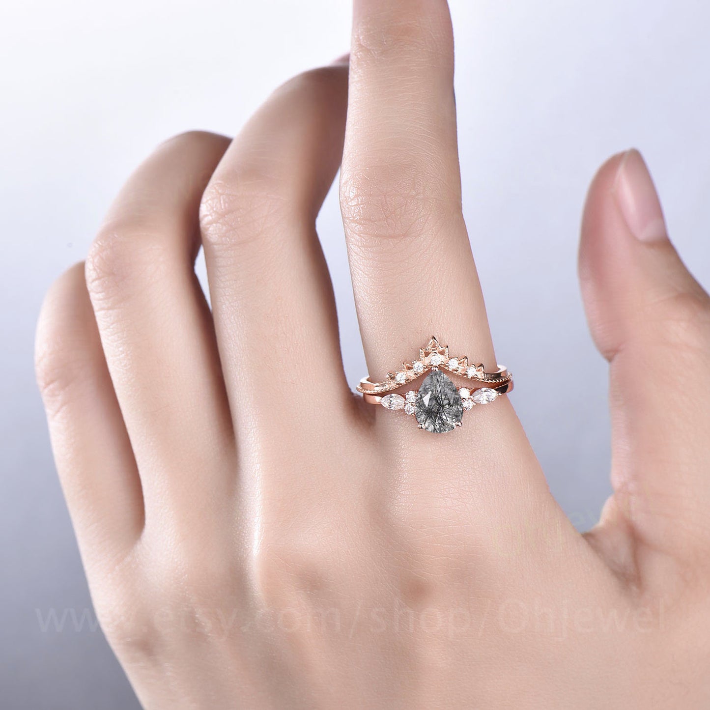 Vintage black rutilated quartz engagement ring set unique bridal set marquise moissanite ring for women black stone ring wedding set gift