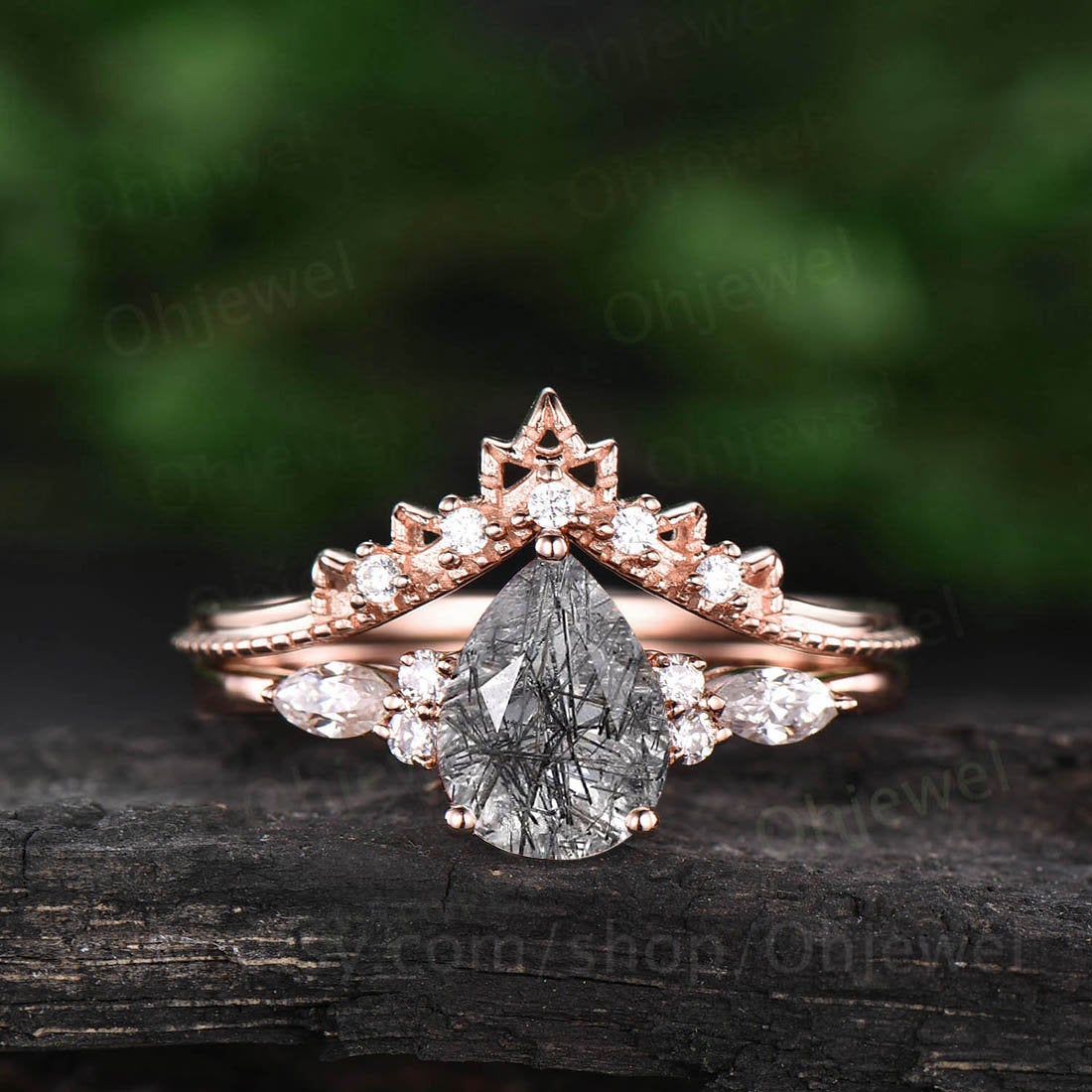 Vintage black rutilated quartz engagement ring set unique bridal set marquise moissanite ring for women black stone ring wedding set gift