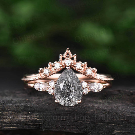 Vintage black rutilated quartz engagement ring set unique bridal set marquise moissanite ring for women black stone ring wedding set gift