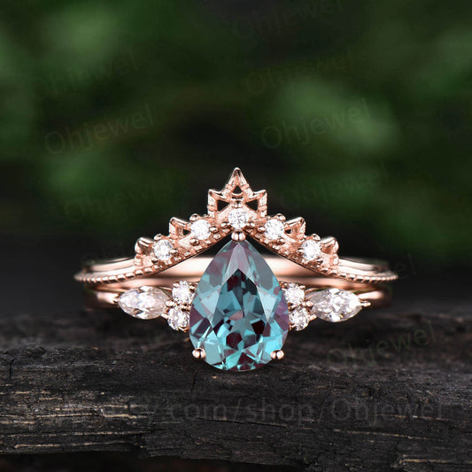 Pear Alexandrite wedding bridal set vintage Alexandrite engagement ring set rose gold 2pcs color change Alexandrite ring for women jewelry