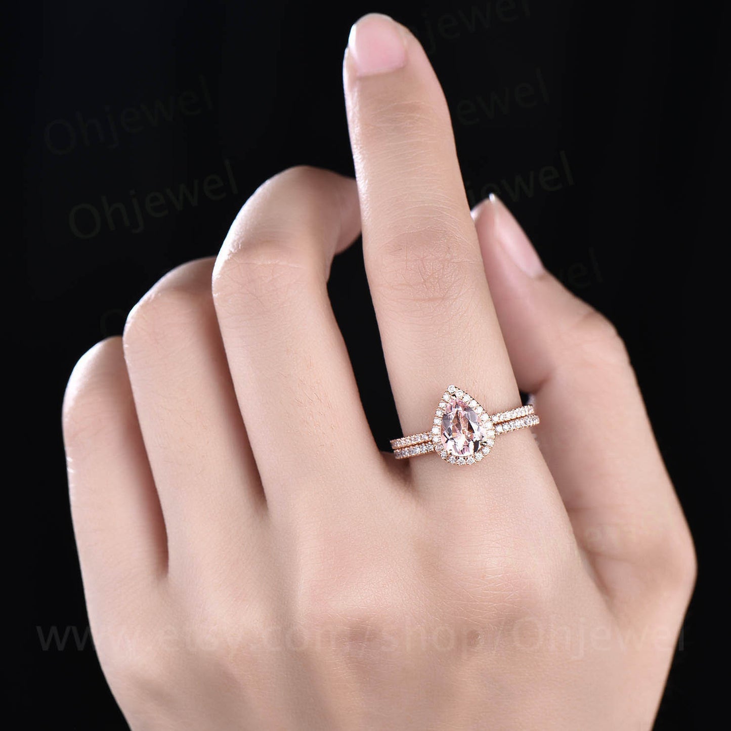 2pcs Pear shaped morganite engagement ring set full eternity diamond ring for women solid 14k rose gold bridal set morganite jewelry gift