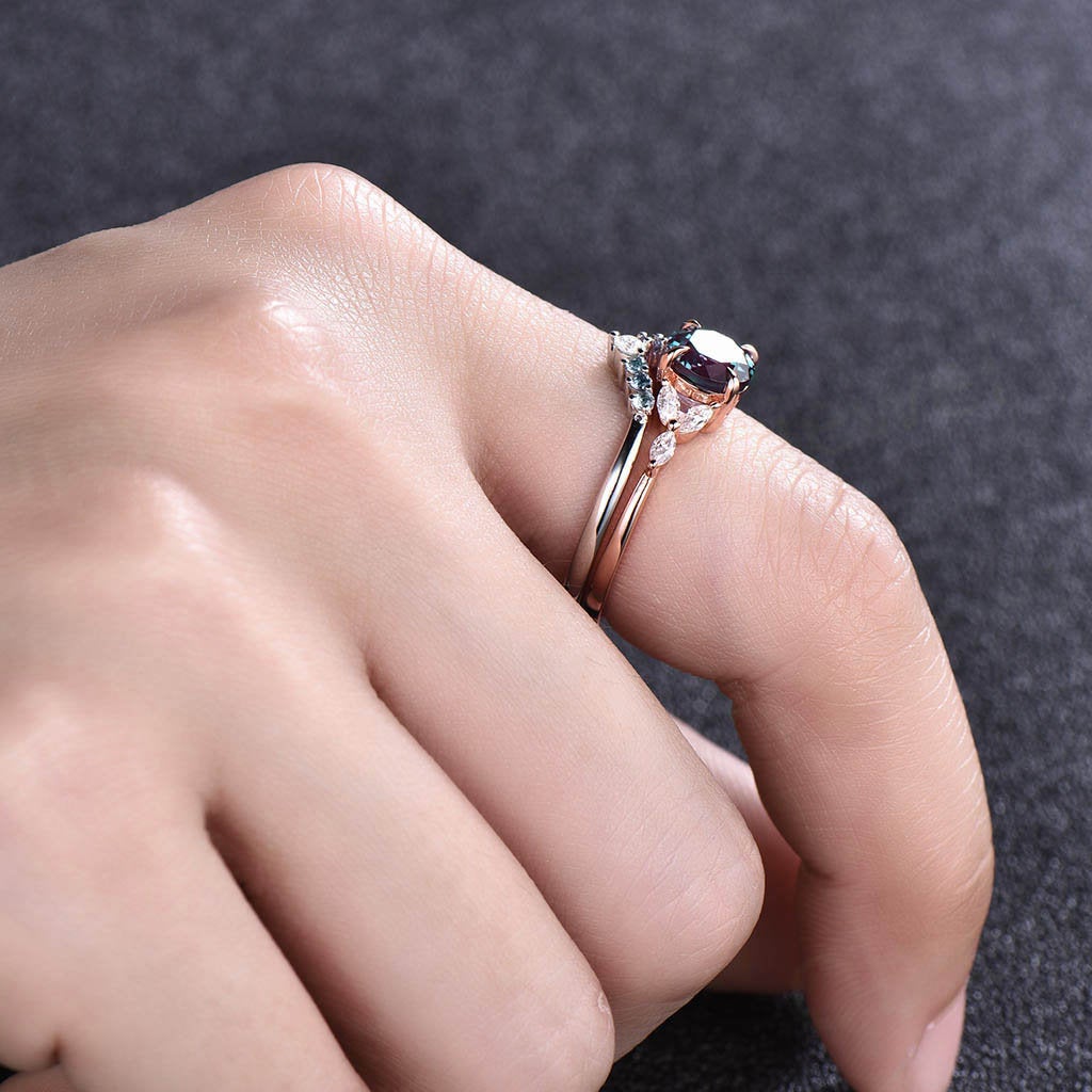 2pcs alexandrite engagement ring set vintage alexandrite ring set for women rose gold marquise moissanite ring set bridal ring set jewelry
