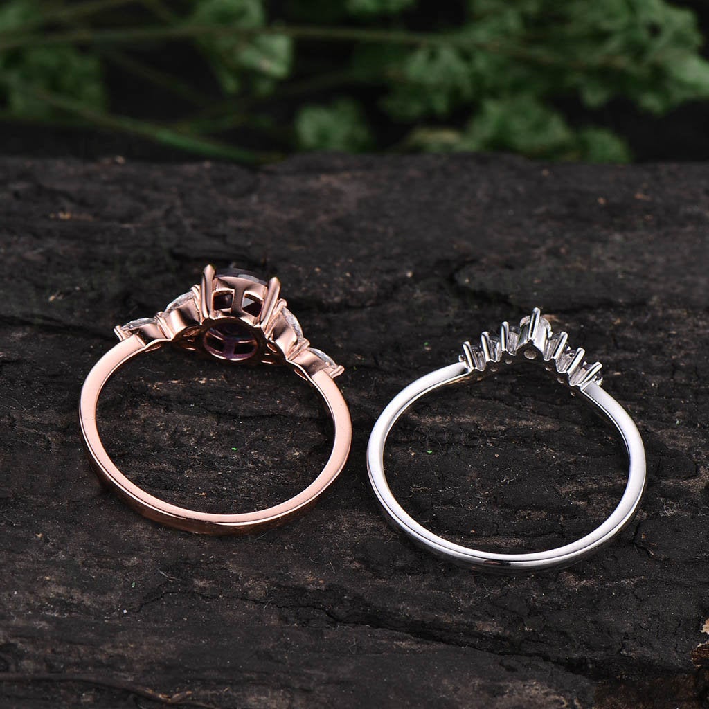 2pcs alexandrite engagement ring set vintage alexandrite ring set for women rose gold marquise moissanite ring set bridal ring set jewelry
