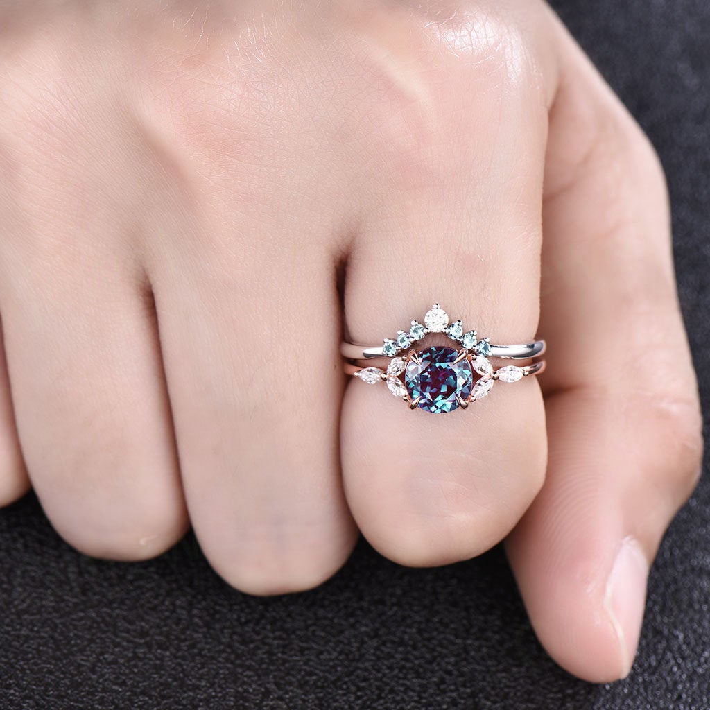 2pcs alexandrite engagement ring set vintage alexandrite ring set for women rose gold marquise moissanite ring set bridal ring set jewelry