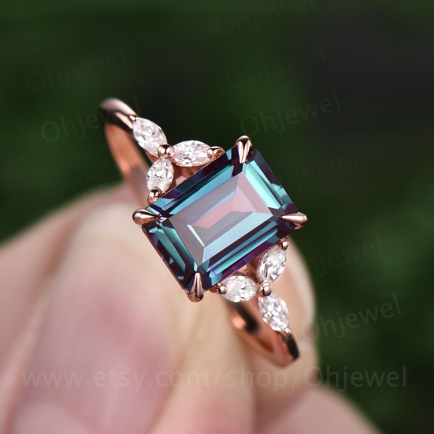 Unique emerald cut Alexandrite engagement ring rose gold flower ring art deco dainty moissanite ring for women vintage promise wedding ring