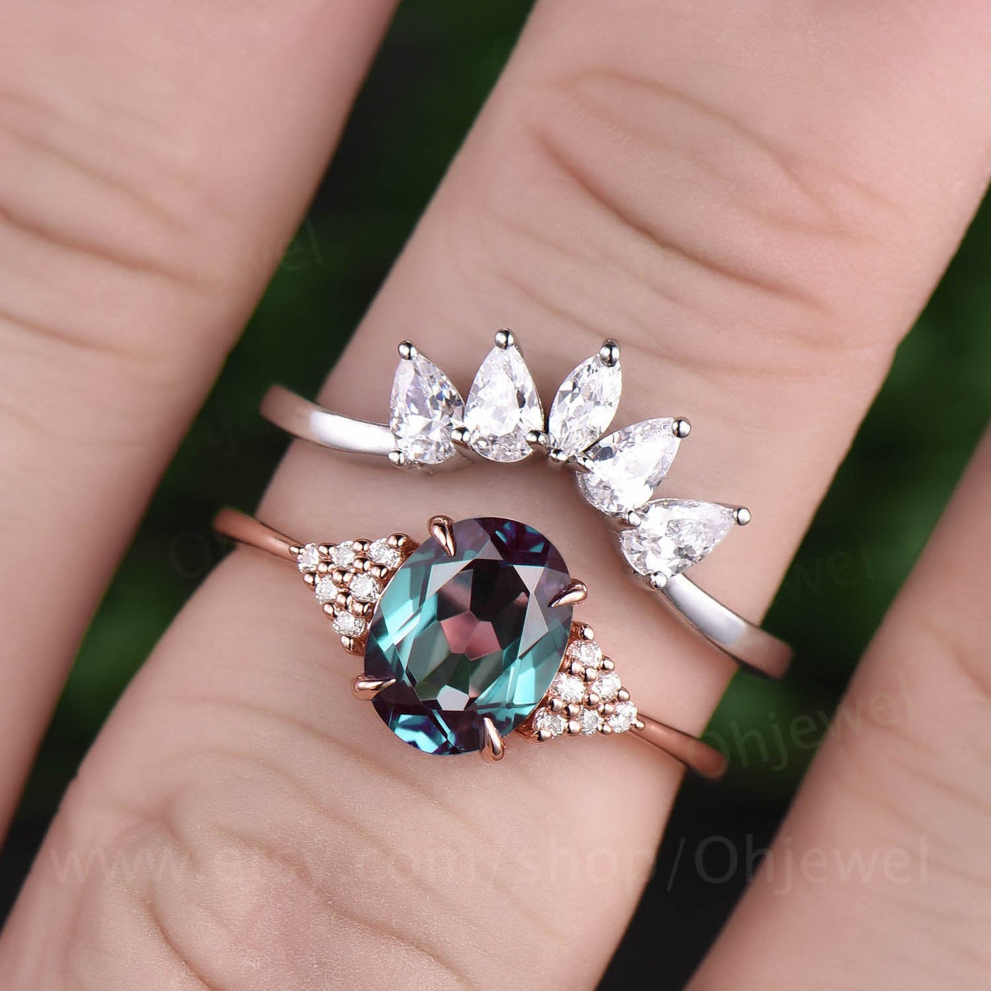 Alexandrite engagement ring five stone Alexandrite ring set vintage rose gold for women marquise pear shaped moissanite wedding ring band