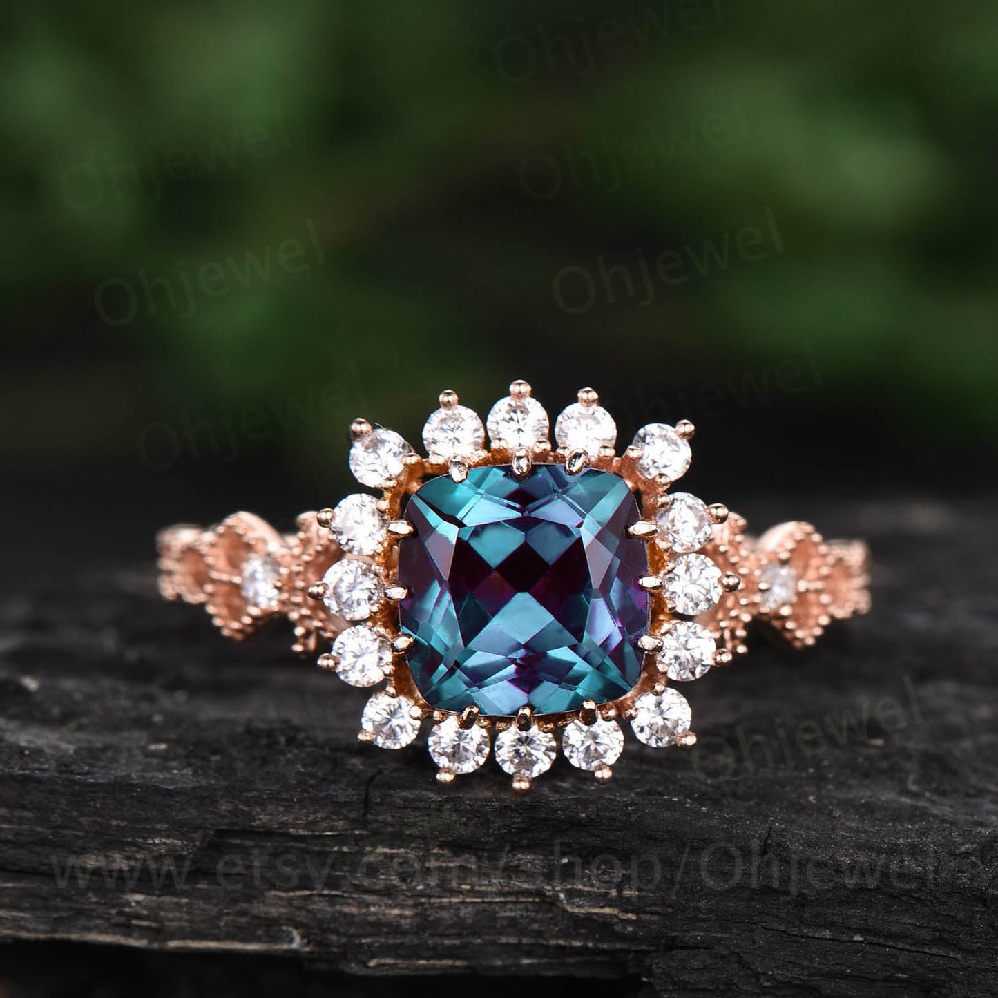 Cushion alexandrite engagement ring vintage alexandrite rings for women antique unique design ring June birthstone ring moissanite halo ring