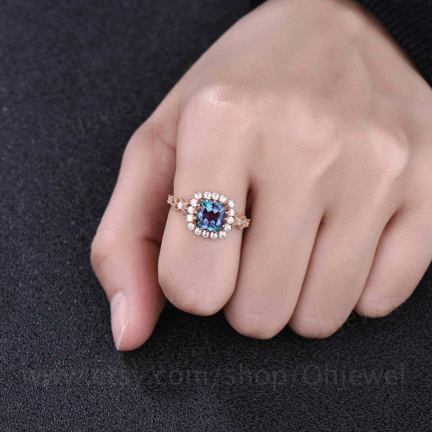 Cushion alexandrite engagement ring vintage alexandrite rings for women antique unique design ring June birthstone ring moissanite halo ring