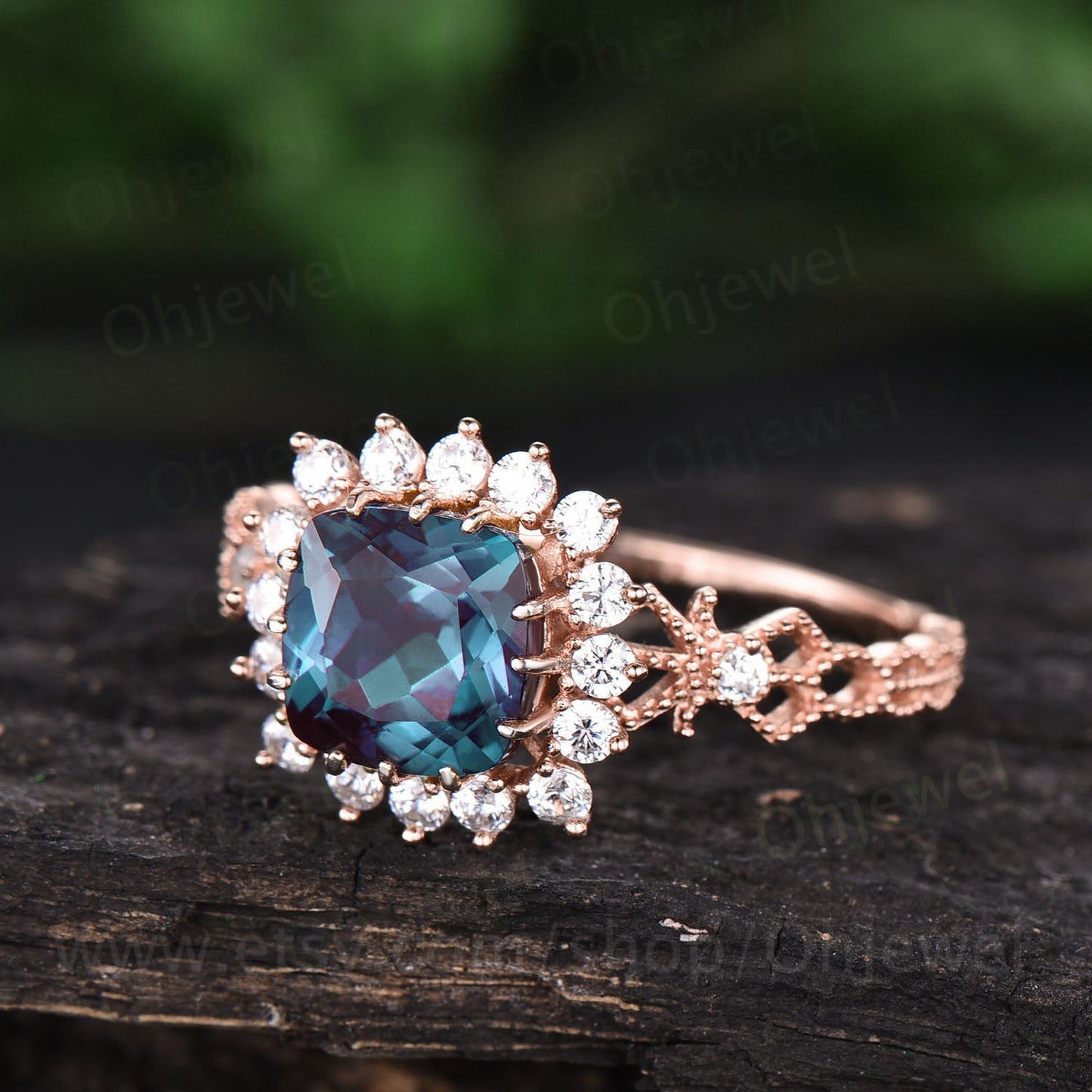 Cushion alexandrite engagement ring vintage alexandrite rings for women antique unique design ring June birthstone ring moissanite halo ring