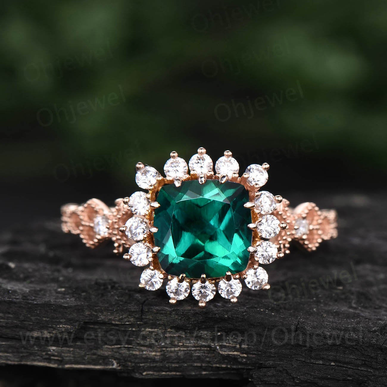 Cushion emerald engagement ring unique vintage emerald ring for women rose gold emerald jewelry May birthstone ring halo ring bridal gift
