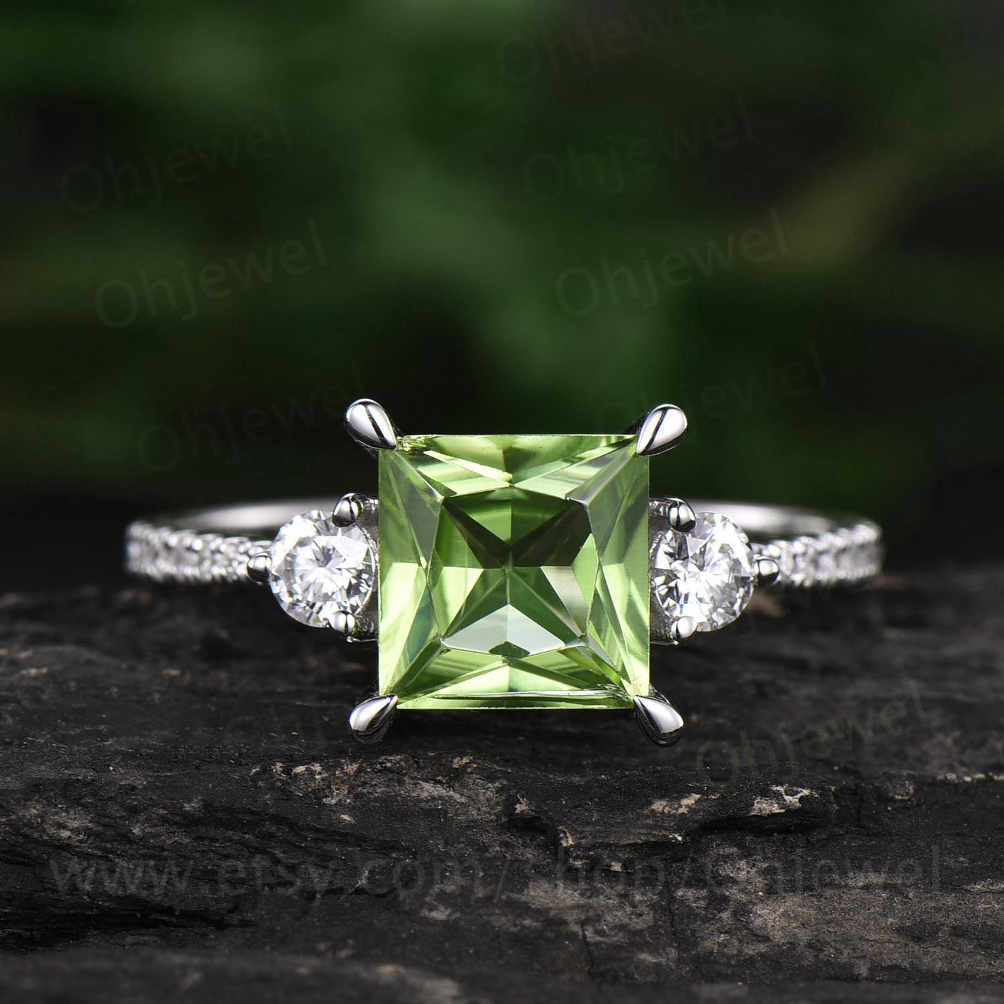 Princess cut engagement ring vintage peridot engagement ring moissanite rings for women solid white gold birthday gift peridot jewelry