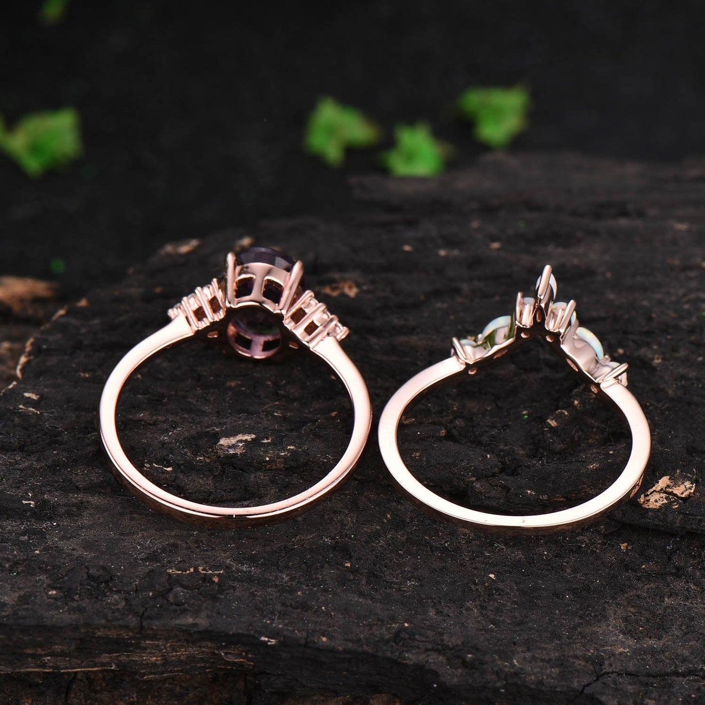 2pcs Alexandrite engagement ring set vintage opal ring for women rose gold diamond ring opal wedding band June birthstone ring jewelry gift