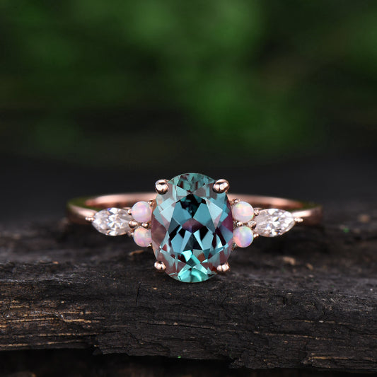 Color change Alexandrite engagement ring vintage opal ring marquise moissanite ring for women opal jewelry rose gold ring bridal ring gift