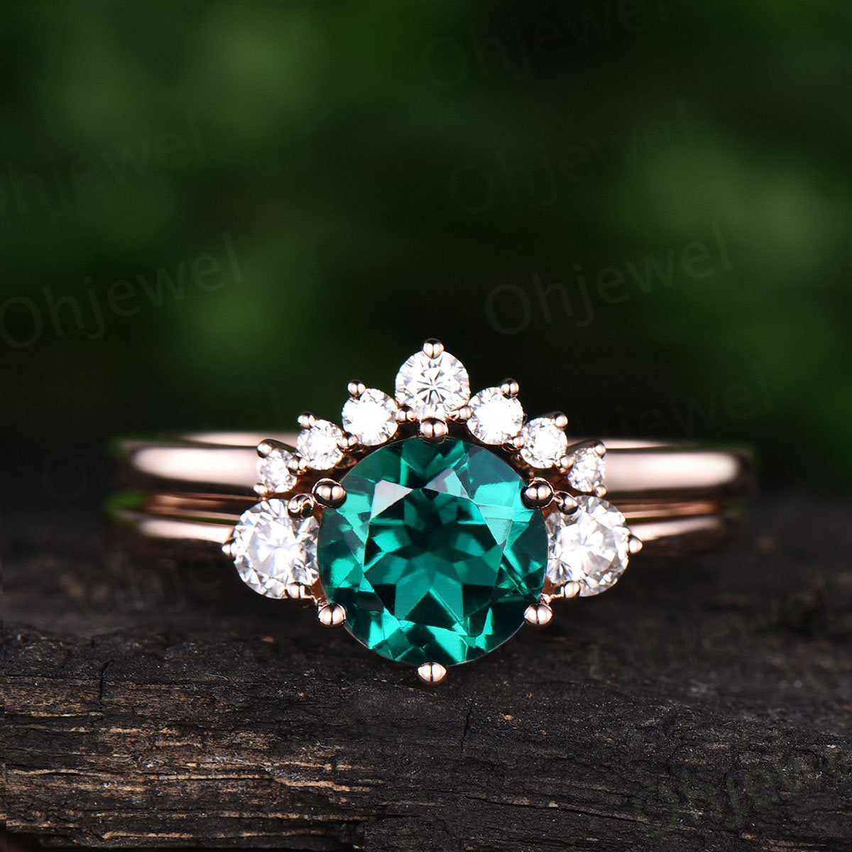 Three stone emerald engagement ring set rose gold 14K/18K emerald ring vintage may birthstone ring moissanite wedding ring bridal ring set