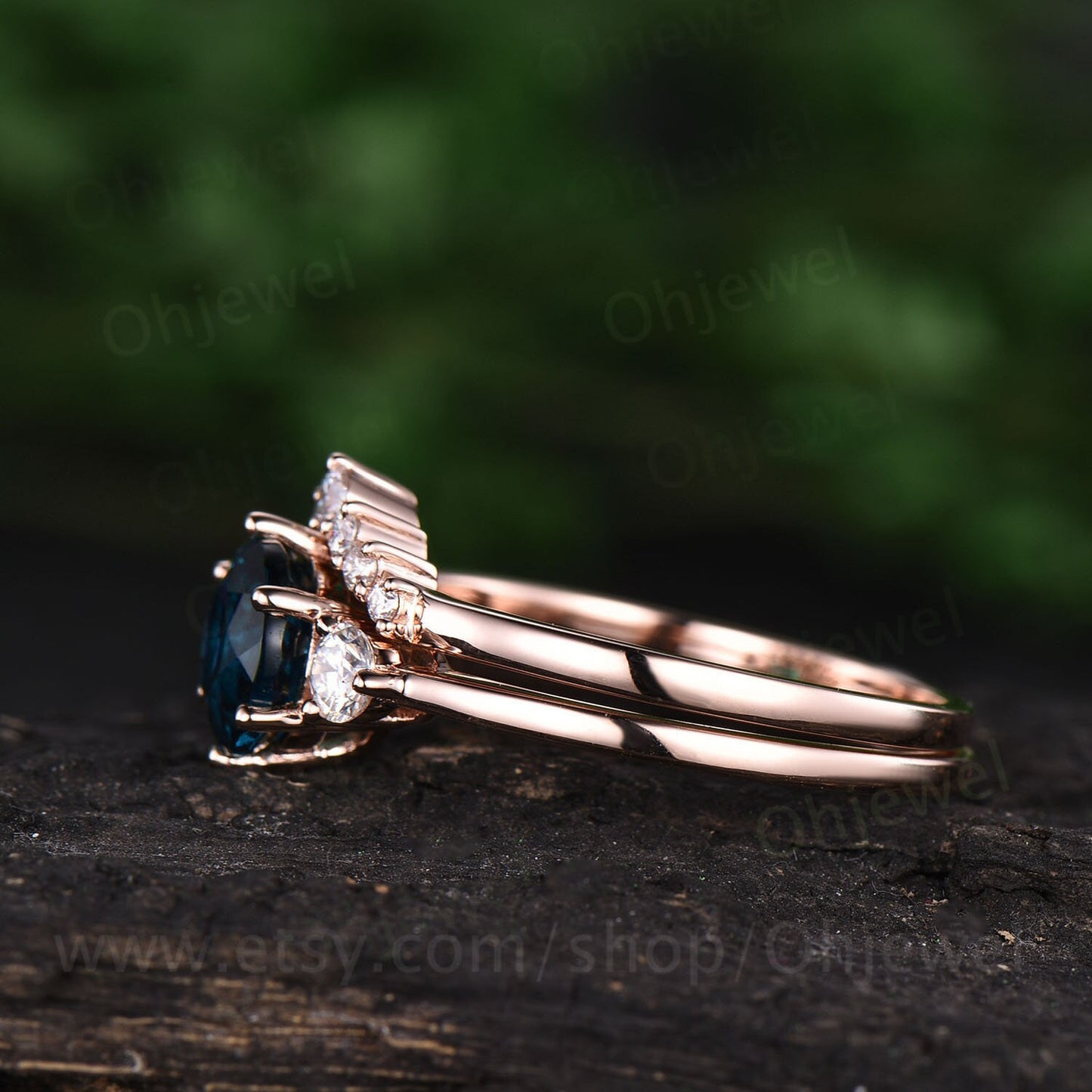 Three stone London blue topaz engagement ring set rose gold topaz ring vintage November birthstone moissanite wedding bridal ring set women