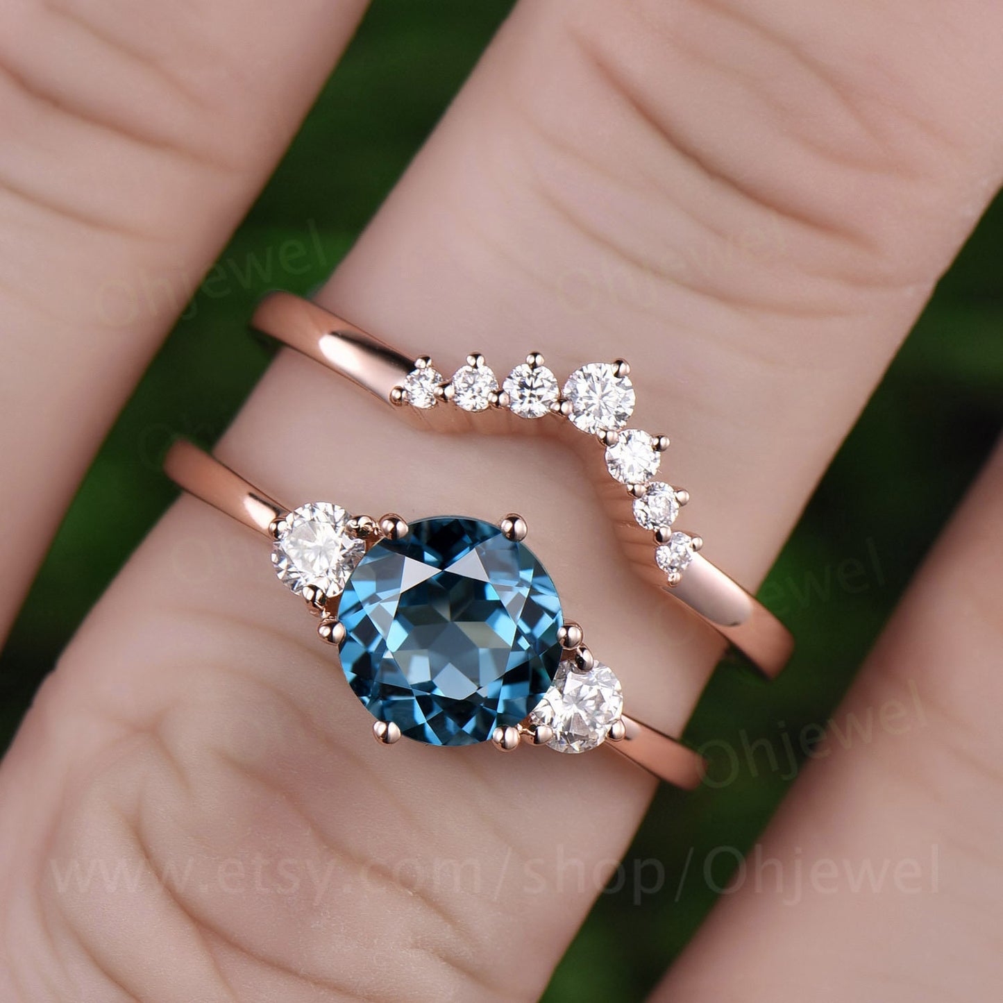 Three stone London blue topaz engagement ring set rose gold topaz ring vintage November birthstone moissanite wedding bridal ring set women