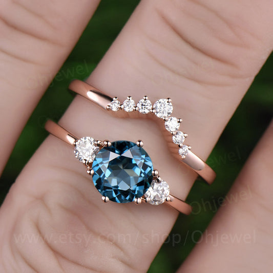 Three stone London blue topaz engagement ring set rose gold topaz ring vintage November birthstone moissanite wedding bridal ring set women