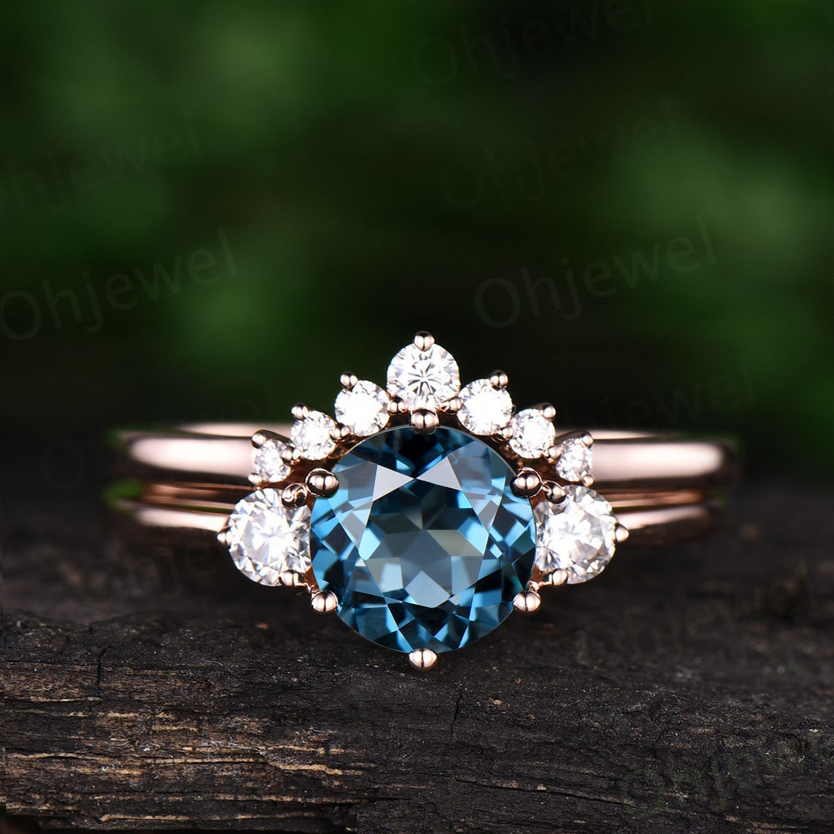 Three stone London blue topaz engagement ring set rose gold topaz ring vintage November birthstone moissanite wedding bridal ring set women
