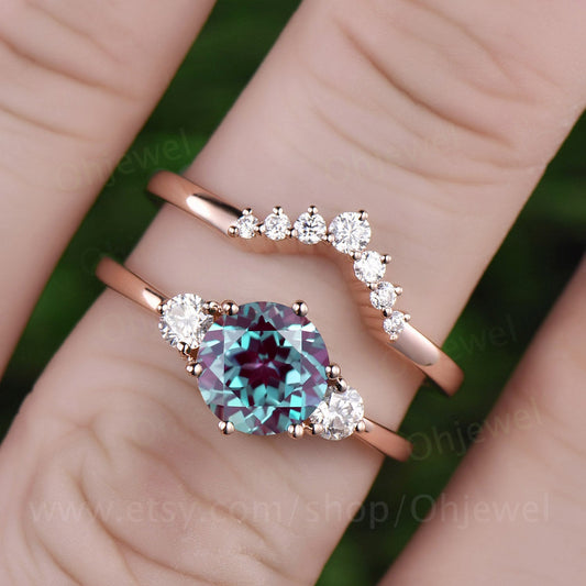 Three stone moissanite crown ring 14k rose gold ring 2pc color change alexandrite engagement ring set vintage alexandrite women wedding ring