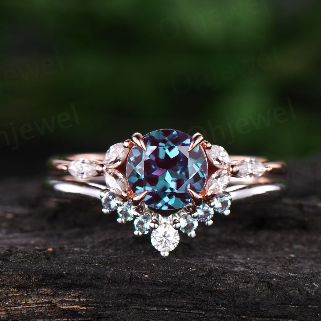 2pcs alexandrite engagement ring set vintage alexandrite ring set for women rose gold marquise moissanite ring set bridal ring set jewelry