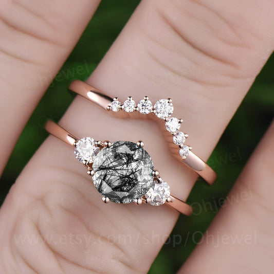 Vintage black rutilated quartz engagement ring set three stone ring moissanite ring for women antique rose gold ring bridal set jewelry gift