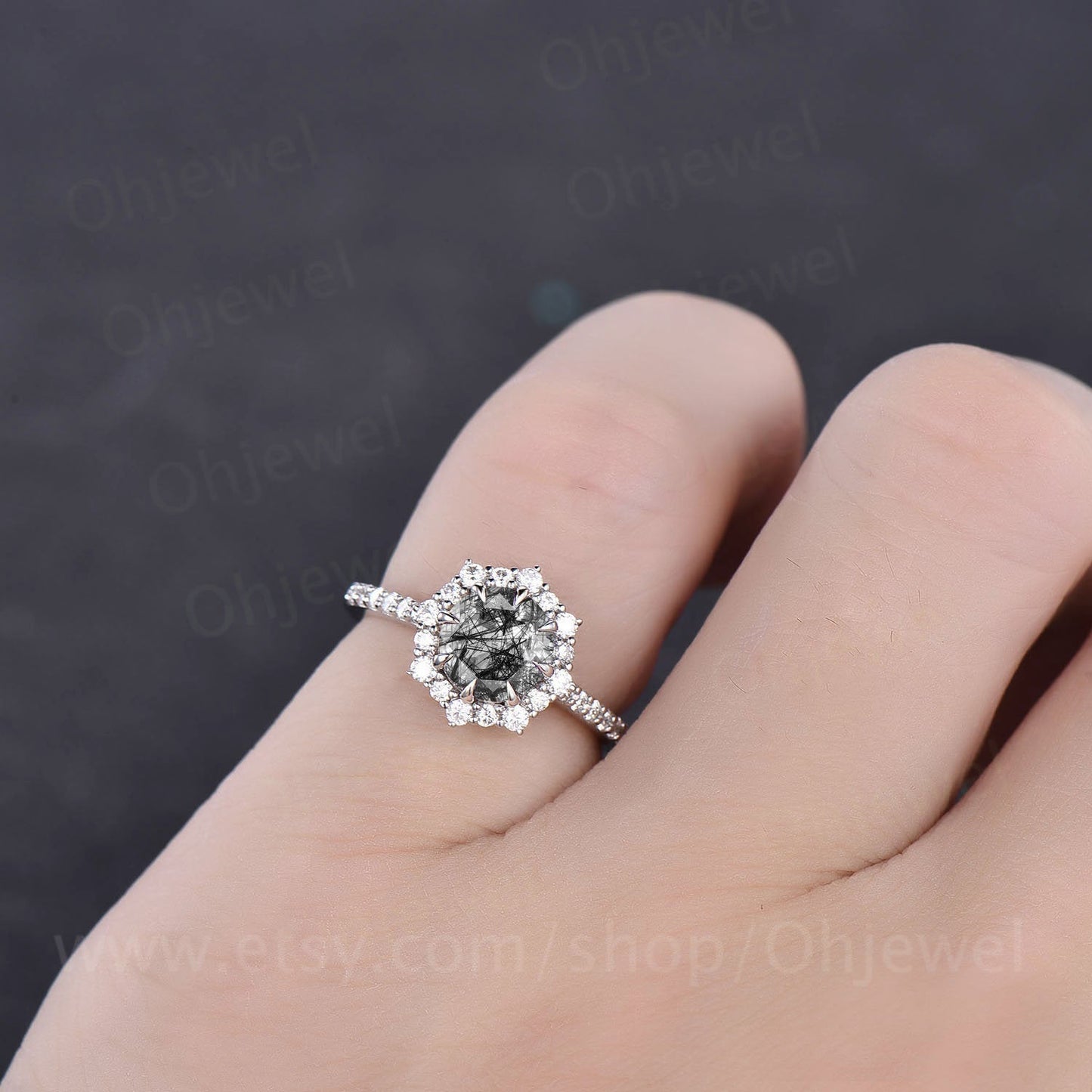 Round black rutilated quartz engagement ring rose gold vintage cluster halo moissanite ring women jewelry unique wedding bridal ring gift
