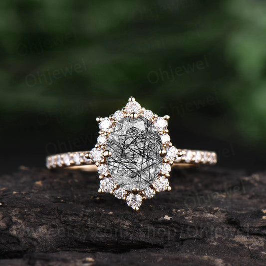 Vintage black rutilated quartz engagement ring moissanite unique best engagement ring rose gold ring for women dainty jewelry promise ring