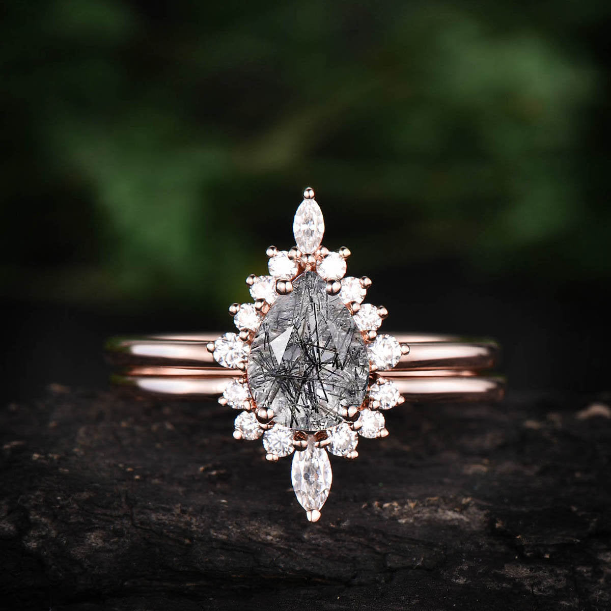 Pear black rutilated quartz engagement ring set rose gold ring set marquise moissanite ring set dainty jewelry unqiue bridal set rings gift