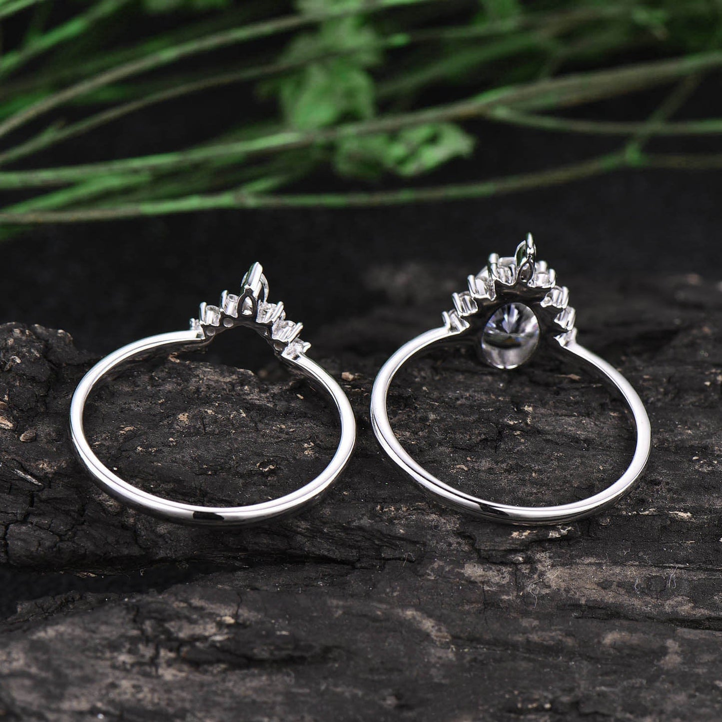 Unique vintage engagement ring set oval black rutilated quartz engagement ring set art deco halo ring set promise ring set wedding ring set