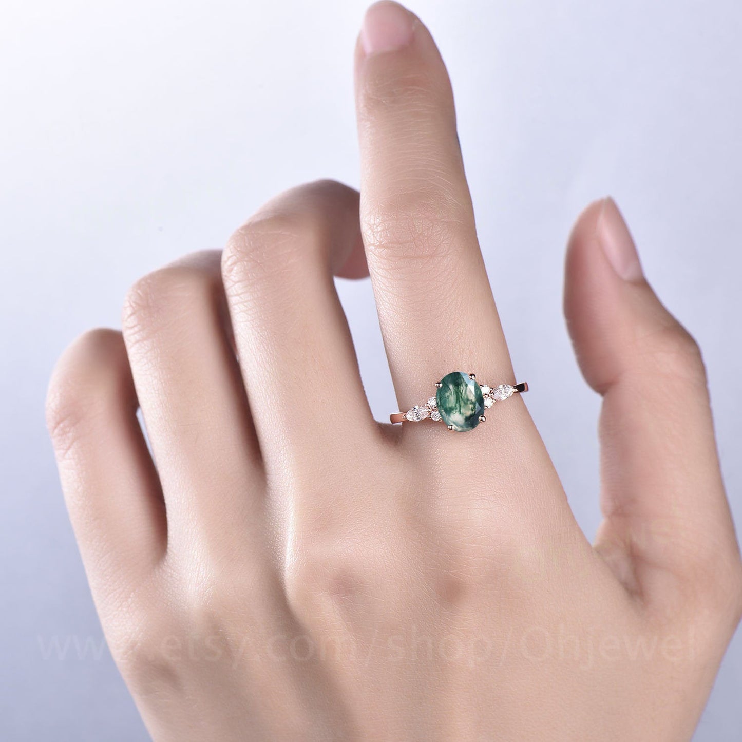 Unique vintage moss agate engagement ring for women marquise ring moissanite ring solid rose gold ring custom jewelry anniversary ring gift