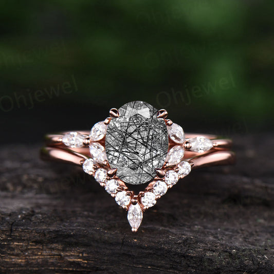 Vintage art deco engagement ring set oval black rutilated quartz engagement ring set rose gold ring set marquise moissanite ring set gift
