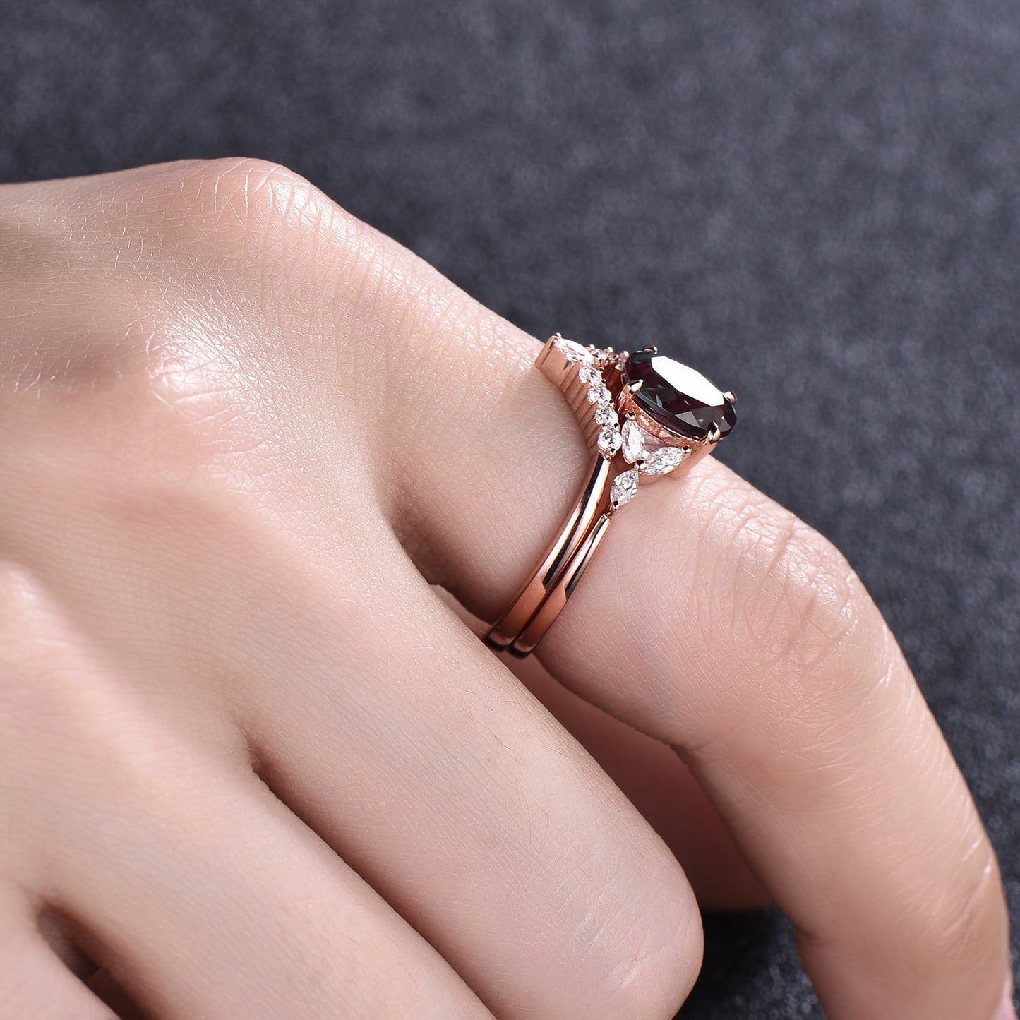 Vintage art deco engagement ring set oval black rutilated quartz engagement ring set rose gold ring set marquise moissanite ring set gift