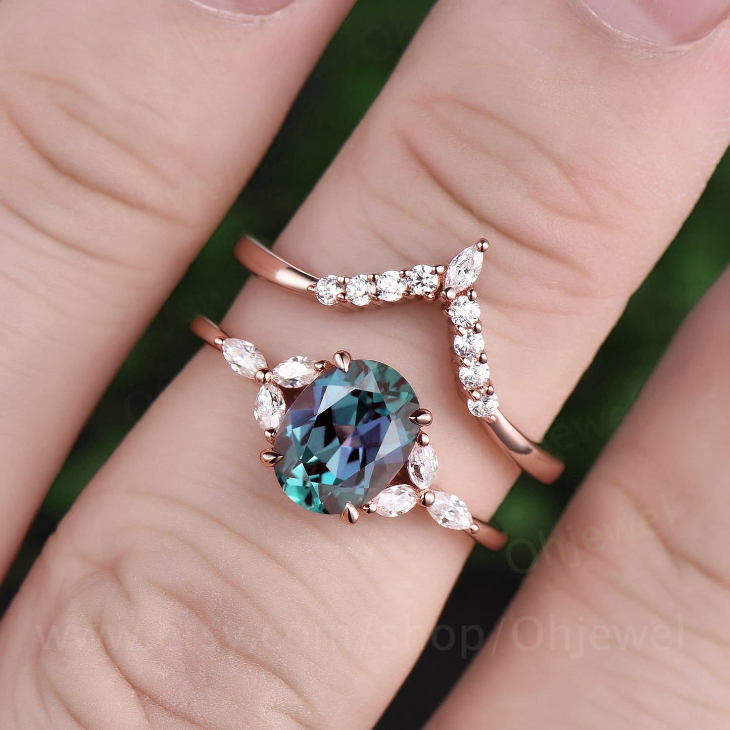 Oval Alexandrite ring set vintage Alexandrite engagement ring set unique moissanite ring set for women unique anniversary wedding bridal set