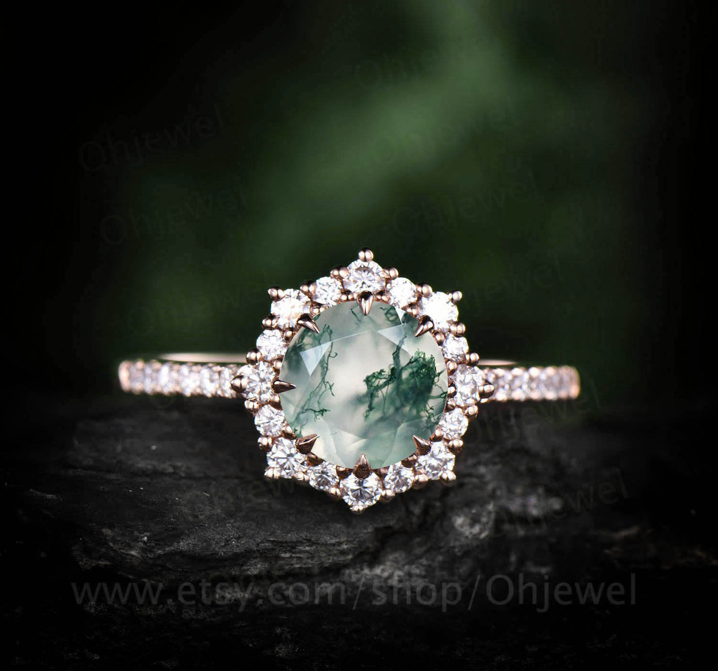 1ct moss agate ring for women vintage unique halo cluster moissanite ring moss agate engagement ring rose gold half eternity wedding ring