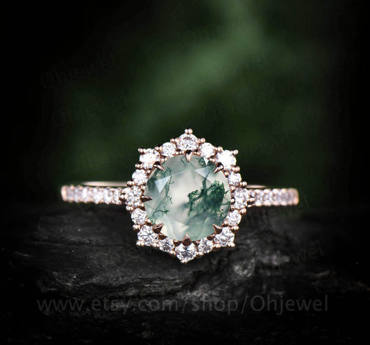 1ct moss agate ring for women vintage unique halo cluster moissanite ring moss agate engagement ring rose gold half eternity wedding ring