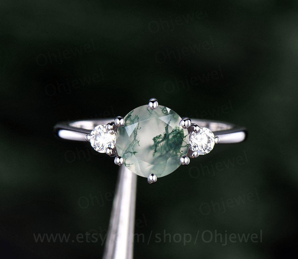 Three stone ring round moss agate ring vintage moss agate engagement ring moissanite ring rose gold for women jewelry dainty bridal ring