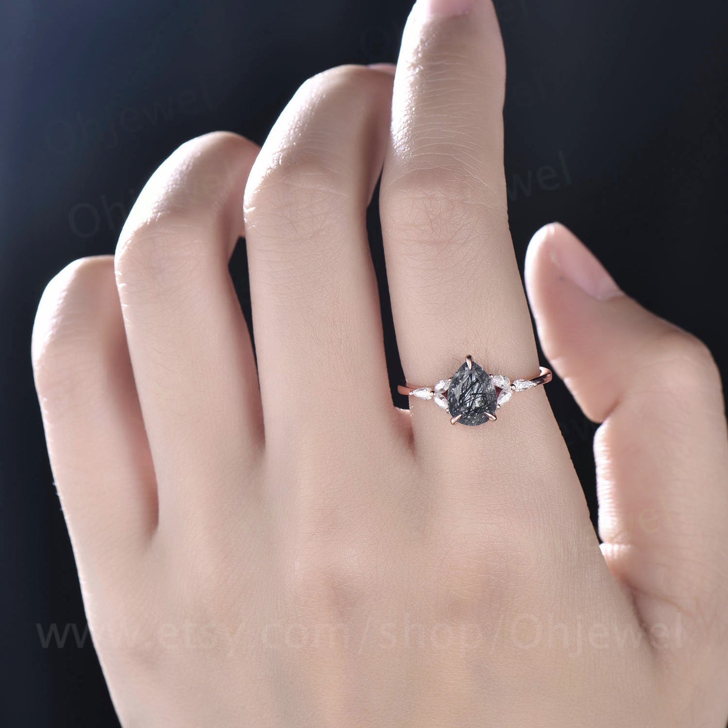 Vintage black rutilated quartz engagement ring pear shaped moissanite ring rose gold 7 stone ring for women antique jewelry bridal gift