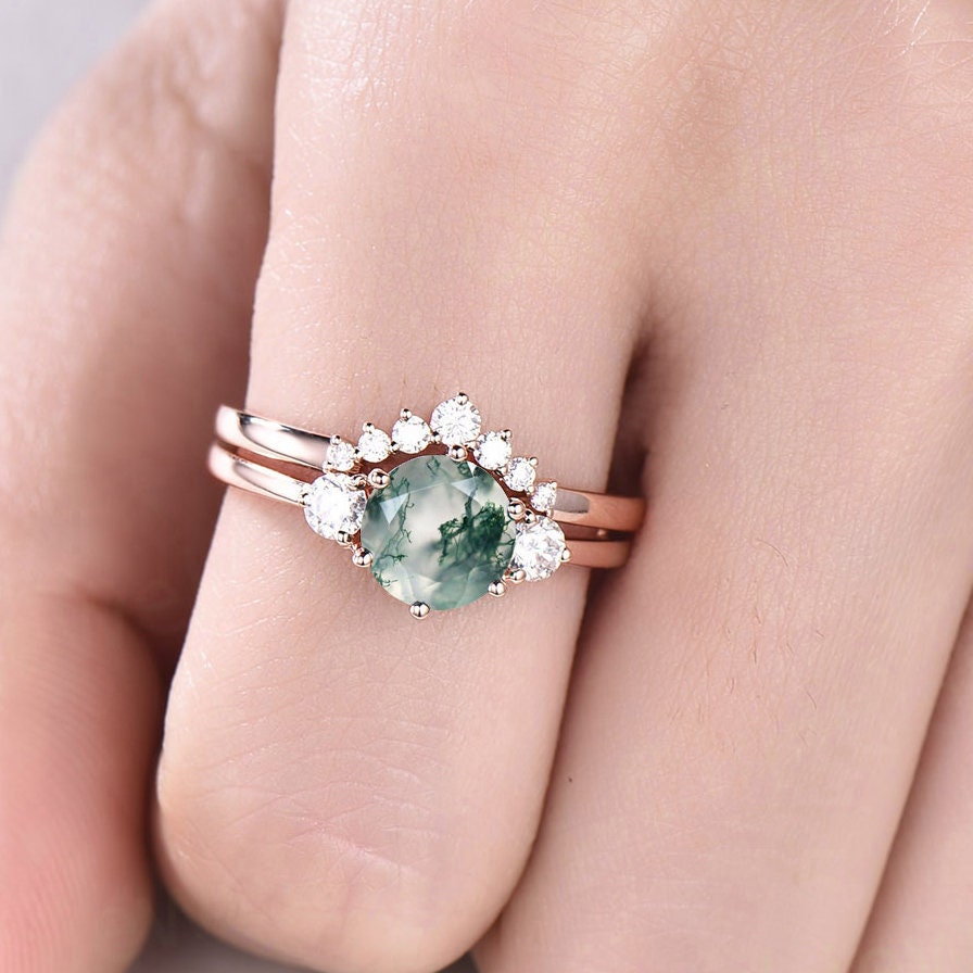 Round moss agate ring set vintage moss agate engagement ring set rose gold moissanite ring set three stone ring bridal ring set for women