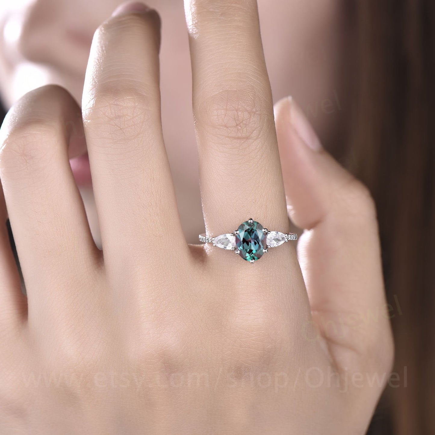 Vintage Alexandrite engagement ring pear shaped moissanite ring eternity diamond ring white gold for women jewelry six prong promise ring