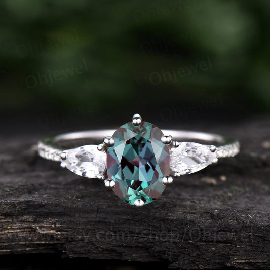Vintage Alexandrite engagement ring pear shaped moissanite ring eternity diamond ring white gold for women jewelry six prong promise ring