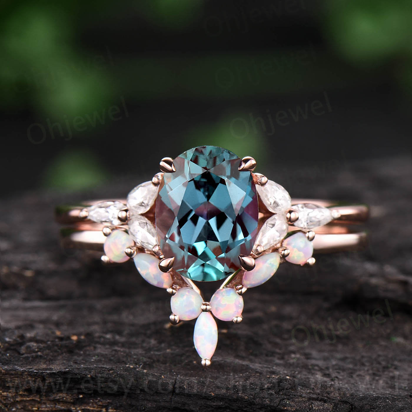 Oval shaped Alexandrite engagement ring set vintage marquise opal ring pear shaped moissanite ring for women unique bridal set jewelry gift